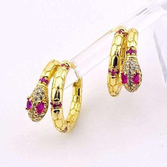 Ruby n Crystal Snake Hoops Mirrored Pave Head Textured Scaled Body Heavy Gold Pl - Picture 1 of 6